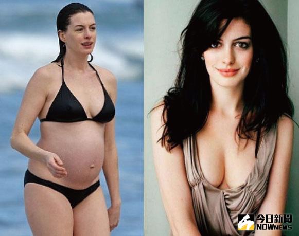 ▲安海瑟威懷孕前後，僅巨肚隆起，四肢仍纖細。（合成圖／翻攝自網路，2016.01.05）