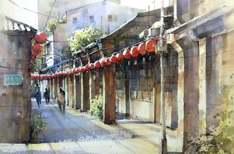 ▲「鄉情畫意」郭金昇水彩畫個展-時光迴廊-迪化街。（圖／新北市文化局提供）