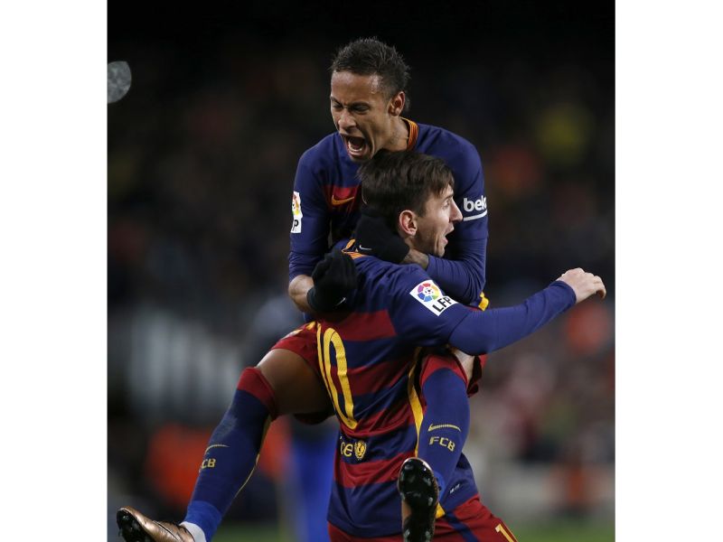 Messi與Neymar一同慶祝入球。（圖／美聯社／達志影像）