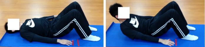 ▲標準化的仰臥半起動作，預備動作時，中指指尖碰觸第一條貼布，起坐時，中指尖碰觸第二條貼布。（圖／林政東提供）