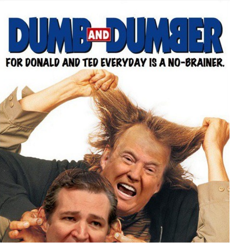 ▲金凱瑞出演電影《阿呆與阿瓜》劇照的兩位主角臉部被換成川普\\(上\\)和克魯茲\\(下\\)。（圖／翻攝自推特）