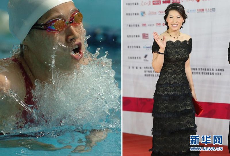左圖：2006年9月1日，奧運冠軍羅雪娟在全國游泳錦標賽女子100米蛙泳預賽中。右圖：2013年1月19日，羅雪娟出席『2012CCTV體壇風雲人物年度評選』頒獎典禮。