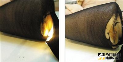 包芯紗遇火迅速燃燒（左）以及滅火後（右）。