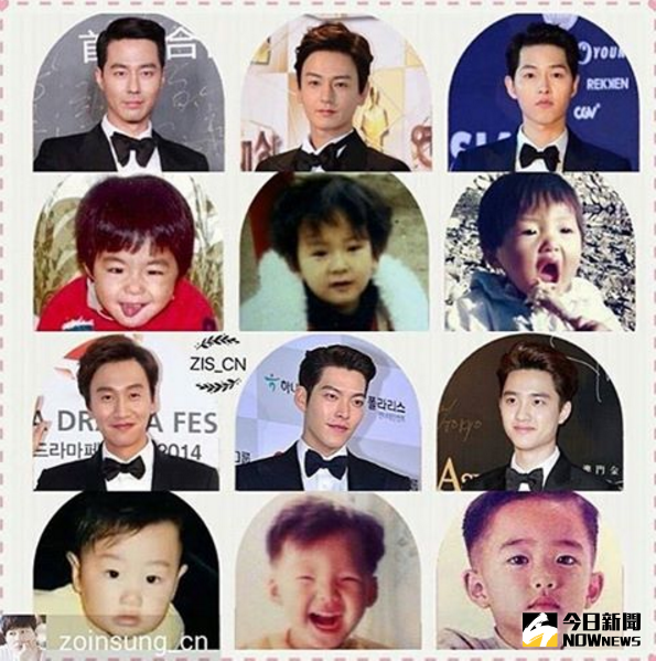 ▲趙寅成、宋仲基、李光洙、金宇彬和EXO成員D.O.與林周煥的童年照與現在帥照對比圖。（圖／翻攝自林周煥IG）