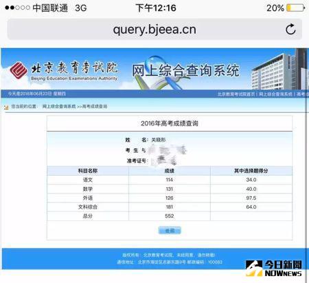 關曉彤高考成績。