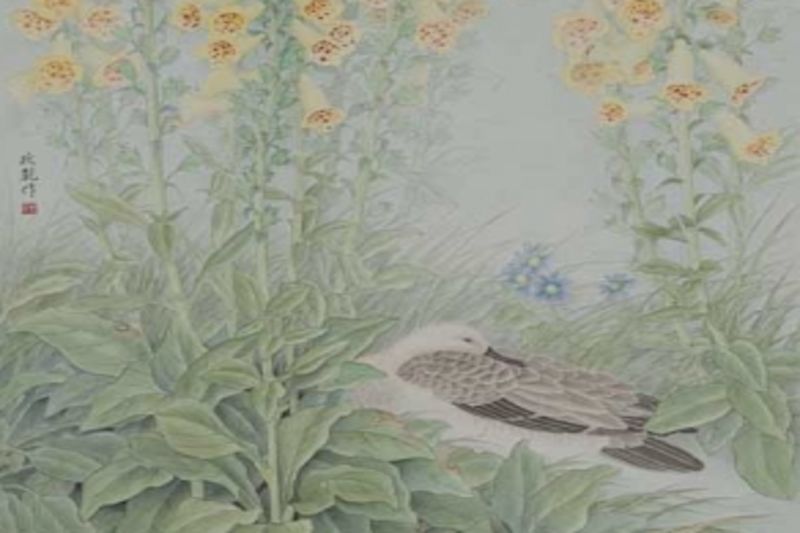 ▲工筆畫大師沈政乾將在新營文化中心舉辦畫展，圖為畫作之一花蔭閒情。