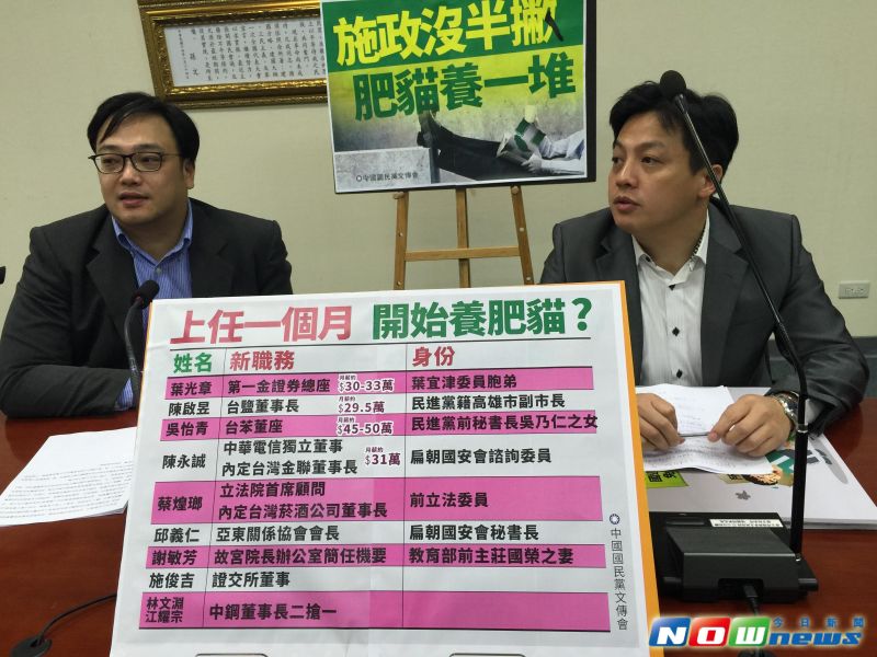 ▲國民黨質疑英全政府上任一個月，「開始養肥貓」。（圖／記者王鼎鈞攝,2016.6.21）