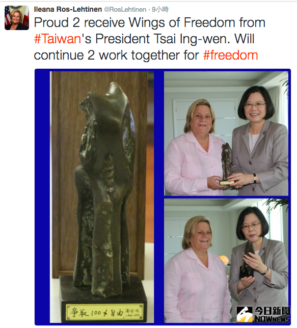 ▲美資深眾議員羅斯雷提能在推特上公開蔡英文總統致贈的「自由之翼」雕塑。（圖／翻攝自網路）