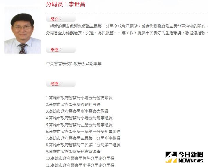 ▲高雄市政府警察局三民第二分局長李世昌疑收受電玩業者賄賂，27日凌晨遭台灣高雄地方法院檢察署向法院聲請羈押獲准。（圖／翻攝自高雄市警局三民第二分局網站 kmph.gov.tw）