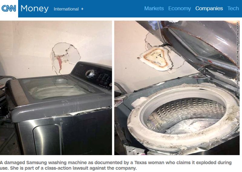 ▲不只Note 7手機，三星洗衣機近期在美國也傳出爆炸災情。（圖／翻攝自CNN）