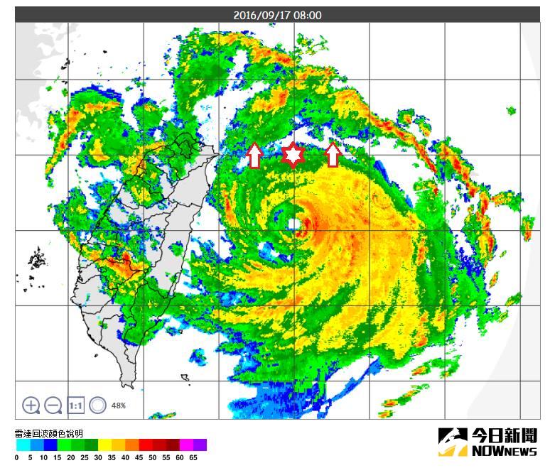 ▲以星號（參考點）為基準，若颱風向東北走則雨勢較為緩和。（圖／翻攝自網路）