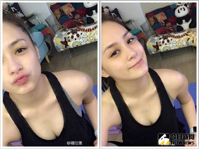 ▲鍾欣桐健身之餘，不忘賣萌、大秀火辣事業線。（圖／翻攝自鍾欣潼微博，2016.09.12）