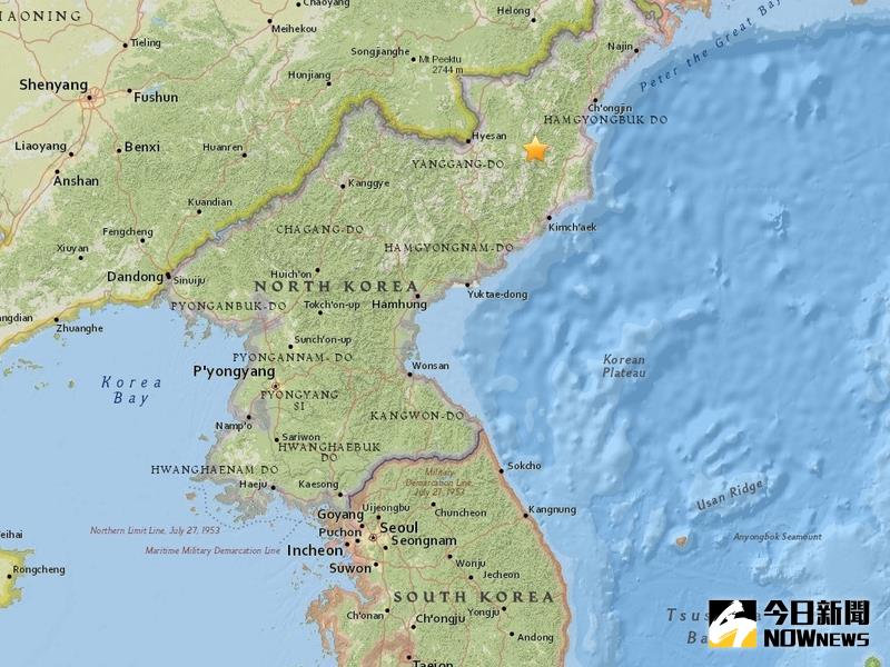 ▲最新消息！根據南韓聯合新聞通訊社稍早的快訊報導，北韓豐溪里核子基地附近發生規模5.1地震，南韓氣象廳則質疑該起地震為北韓核試的「人造地震」。（圖／翻攝自USGS）
