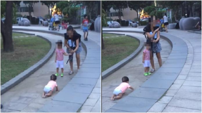 ▲一名疑似托嬰中心員工，讓女嬰在公園石板路爬行。（圖／翻攝臉書「爆料公社」）
