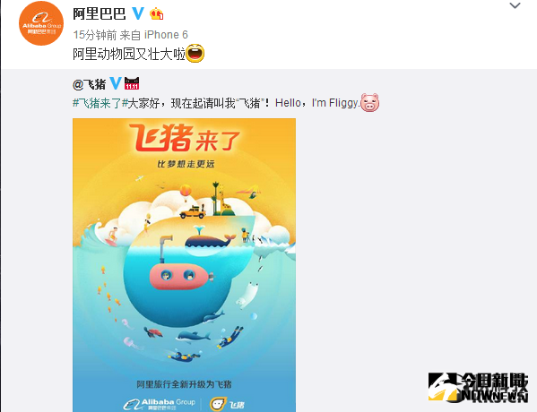 馬雲動物園壯大：阿里旅遊改名「飛豬」。