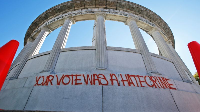 ▲抗議川普當選的群眾在牆上寫下「你投給了仇恨犯罪」。（圖／達志影像／美聯社）