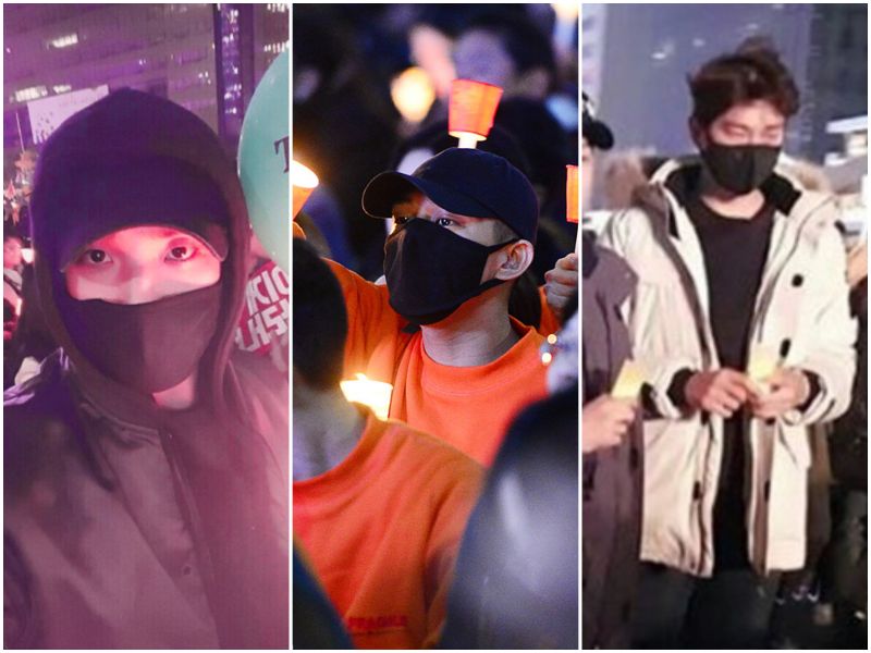 ▲李準（左起）劉亞仁、尹鈞相紛紛現身參與燭光集會，以實際行動抵制朴槿惠。（圖／翻攝李準IG、dispatch、網友微博，2016.11.20）