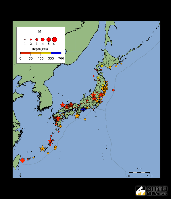 ▲▲12日清晨，台灣與日本本州東部外海分別傳出芮氏規模5與6以上地震。（圖／日本氣象廳）