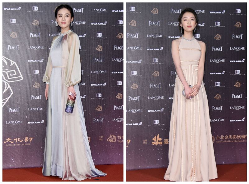 ▲《七月與安生》團隊今晚齊走金馬53星光大道，馬思純（左）和周冬雨一起選擇裸色系長禮服亮相。（圖／NOWnews攝影中心，2016.11.26）