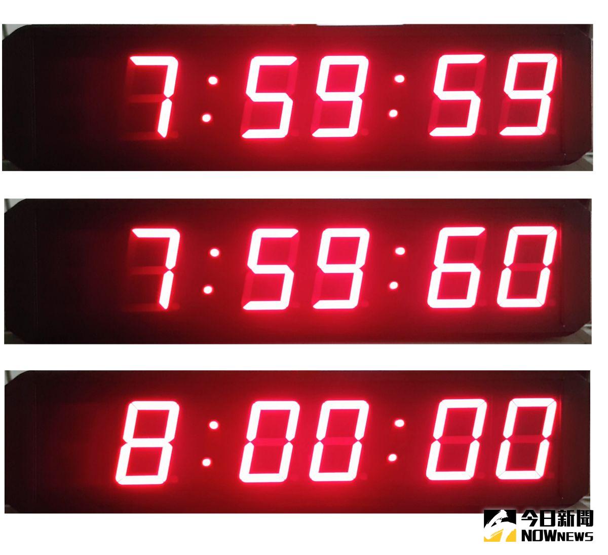 ▲2017年元旦上午，全球時間調整將多出1秒，台灣的國家標準時間2017年1月1日7時59分59秒加上閏秒1秒。圖為閏秒時間示意圖。（圖／經濟部標準檢驗局提供）