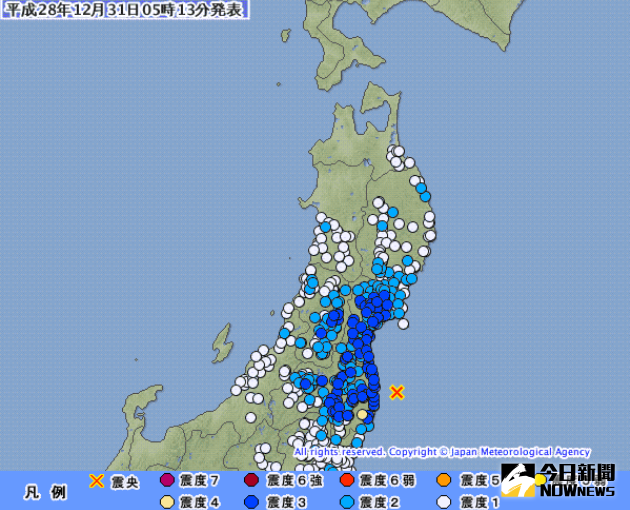 ▲日本東海岸附近31日清晨當地時間5點13分(台北時間4點13分)，發生芮氏規模5.5地震。（圖／翻攝自日本氣象廳）