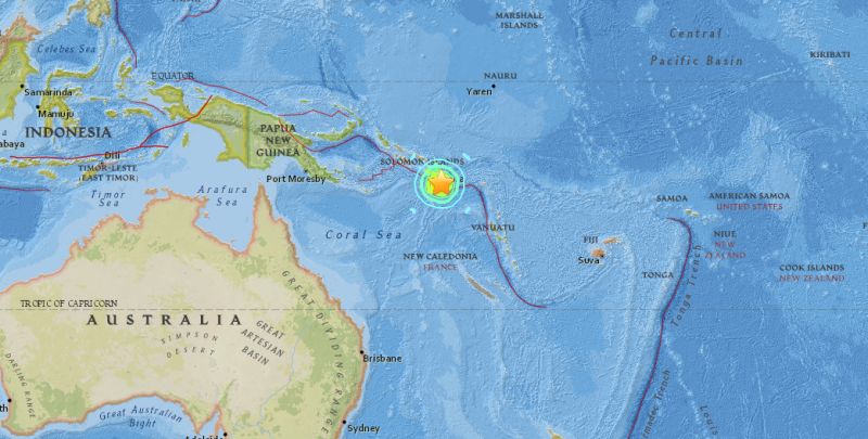 ▲南太平洋島國索羅門群島清晨發生7.7級強震。（圖／翻攝自美國地質調查所官方網站）
