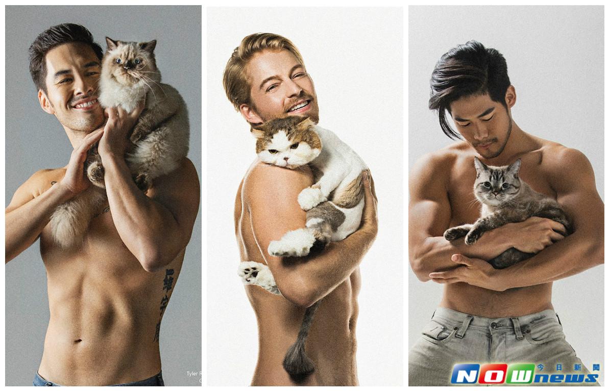 ▲法比歐（中）率Tyler（左）、吳伊森等性感男模拍攝《男人與貓》月曆。（圖／翻攝自紅牌出場臉書，2017.01.21）