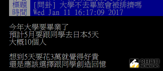 ▲畢旅不去會被排擠？網友要他省下錢。（圖／翻攝自批踢踢）