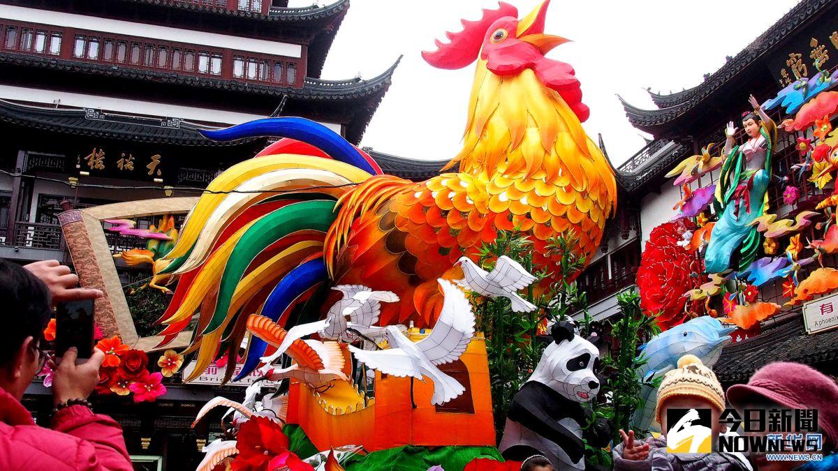 1月15日，遊客在上海市城隍廟景區內和『雄雞報曉』彩燈合影。