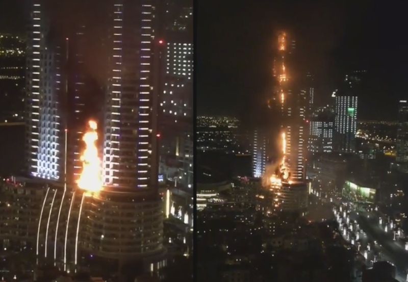 ▲在杜拜第一高樓哈里發塔旁的五星級「地址飯店」（The Address Hotel）今晚發生大火，從空中近看發現火勢延燒相當迅速。（圖／翻攝自網路2016.1.1）