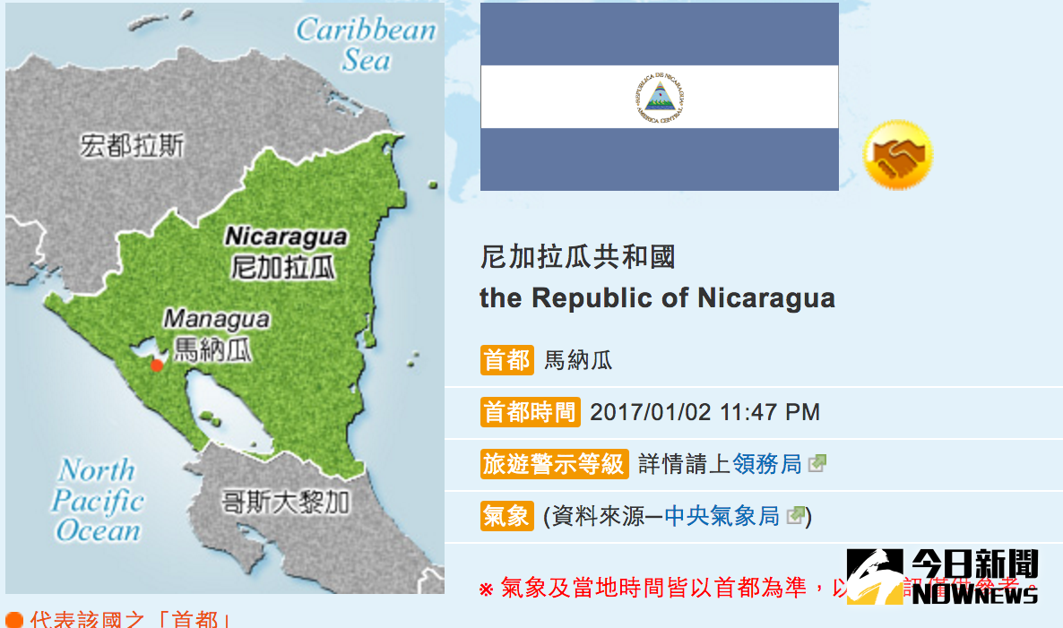 ▲總統蔡英文將訪問中美洲最大國尼加拉瓜。（圖／翻攝自外交部網站,2017.01.03）