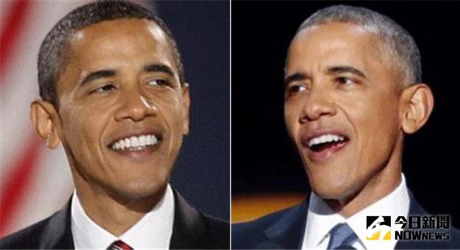 左圖為奧巴馬2008年發表勝選演說時照片，右圖為告別演說照片。