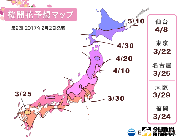 ▲2017年日本櫻花開花時間預測。（圖／日本氣象株式會社）