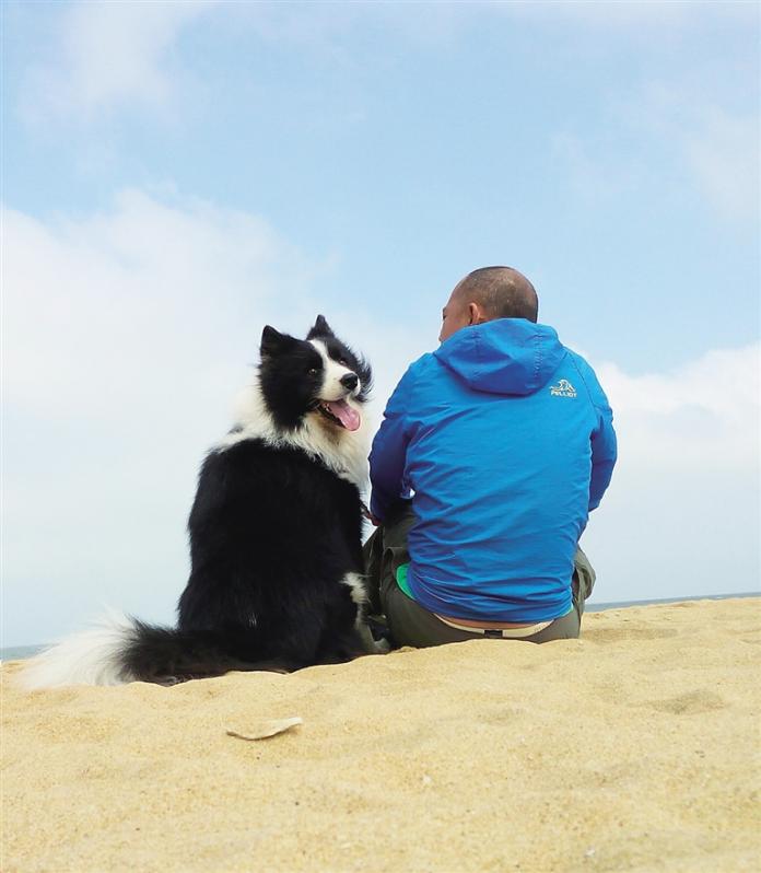 職業遛狗師會像好朋友一樣，陪著客戶寵物一起吹海風。