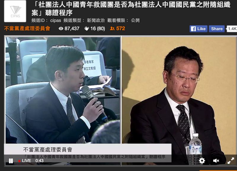 ▲救國團委任律師劉昌坪（左）要求不黨黨產聽證會停止網路直播，避免侵害當事人肖像權。（圖／翻攝自不當黨產處理委員會網路直播,2017,02,24）