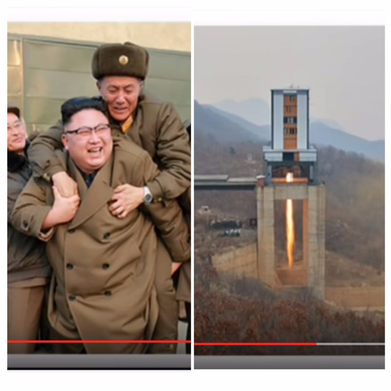 ▲北韓新型飛彈引擎測試成功，金正恩開心的叫同行軍官騎上他背。（合成圖／翻攝自Explore DPRK YouTube頻道）