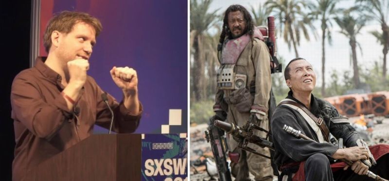 ▲蓋瑞斯導演（左）在SXSW電影節，談到《星戰外傳》甄子丹和姜文的同志情，超興奮的。（合成圖，2017.03.17）
