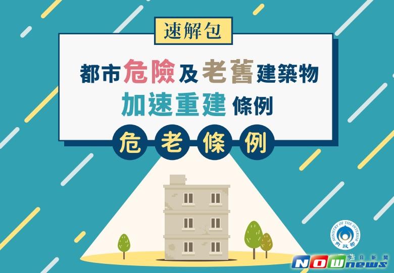 ▲ 針對危險及老舊建築物的重建的危老條例，在日前由總統公布實行，內政部表示，目前5項子法草案都已經依法制程序陸續於今年6月上旬辦理預告，預計7月底前可全數發布施行，並且製作懶人包供民眾方便閱讀。（圖／內政部提供）