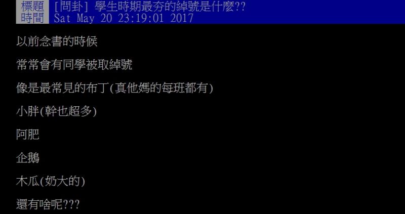 ▲學生時期最夯綽號，OO榜上有名。（圖／翻攝自批踢踢）