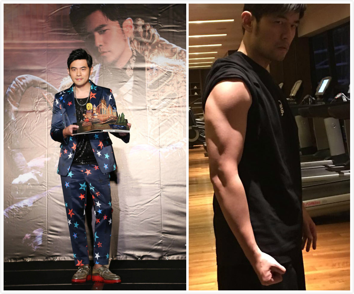 ▲周董秀肌肉，證明自己依舊結實不是胖。（圖／翻攝自臉書 , 2017.07.29）