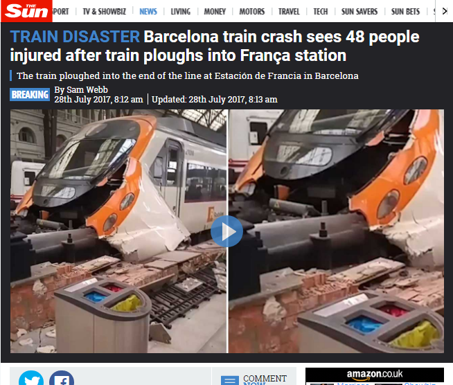 西班牙巴塞隆納當地時間28日上午發生火車撞上車站事故，造成48人受傷，其中5人傷勢嚴重。（圖／翻攝自太陽報\\(Sun\\) , 2017.7.28）