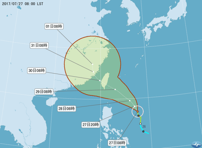 ▲中央氣象局表示，尼莎颱風強度持續增強，接近台灣前恐會形成中度颱風，周末對台灣影響最劇烈。（圖／翻攝自中央氣象局）