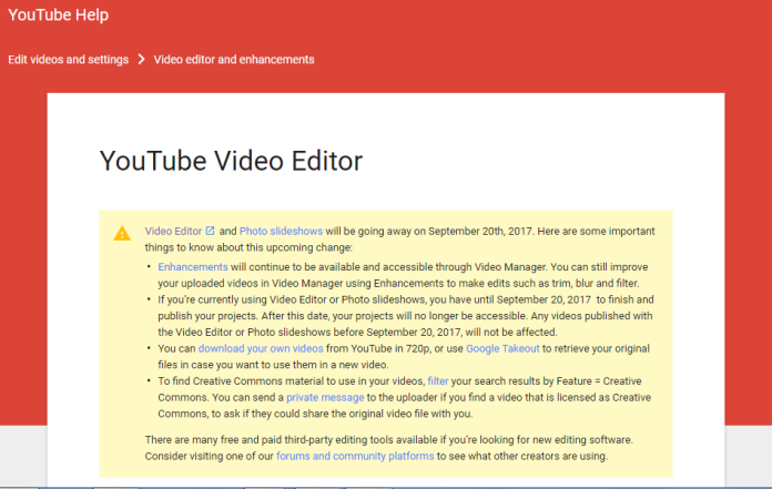 Youtube影片編輯器　9月20日將停止服務
