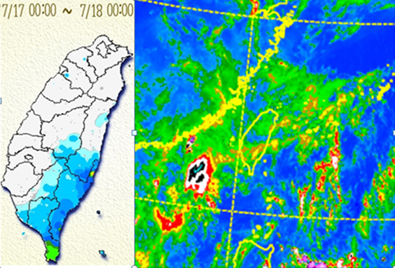 左圖：昨17日雨量圖顯示，台灣東南方的雲層在移入時，造成迎風面（花蓮、台東及高、屏）降雨，雲層移入背風面時減弱，只剩一些中層雲，遮蔽地表加熱，反而破壞午後對流的發生。右圖：今晨3:50紅外線雲圖顯示，台灣上空仍有很多消散中的中高雲，天亮後仍將持續消散，各地感受上都是晴朗的。 （圖／翻攝自洩天機教室）