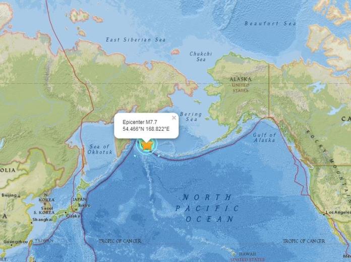 阿拉斯加州阿留申群島與俄羅斯遠東堪察加半島之間的北太平洋，發生規模7.8強震。（圖／翻攝自USGS）