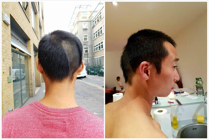 浩子剃頭刀用到一半沒電罷工，讓他頂著尷尬「髮型」逛大街。（圖／翻攝自臉書 , 2017.07.17）