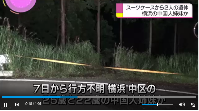日本警方昨深夜在神奈川縣山區發現2個行李箱裡面有2具女性遺體，疑似為7月7日失蹤的中國姊妹。（圖／翻攝自NHK）