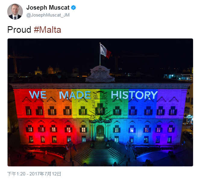 馬爾他總理慕斯凱特（Joseph Muscat）在推特發文，為通過同婚法案感到驕傲。（圖／翻攝自推特）