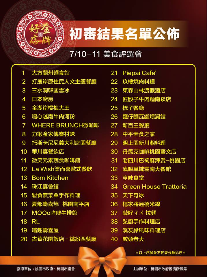 桃園市金牌好店選拔活動初審結果名單公布。（圖／翻攝自桃園金牌好店官方臉書 , 2017.07.11）