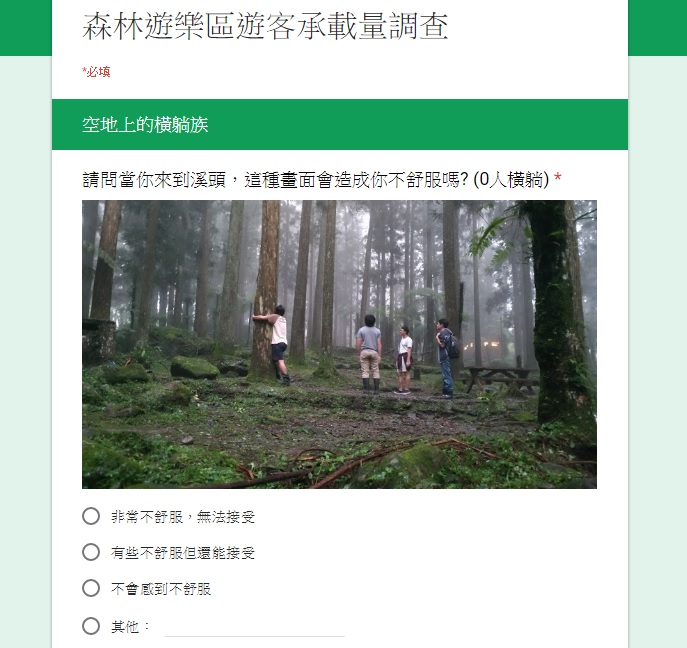 ▲台灣森林系推出 Kuso 版森林遊樂區遊客乘載量調查。（圖／翻攝自網路調查頁面）